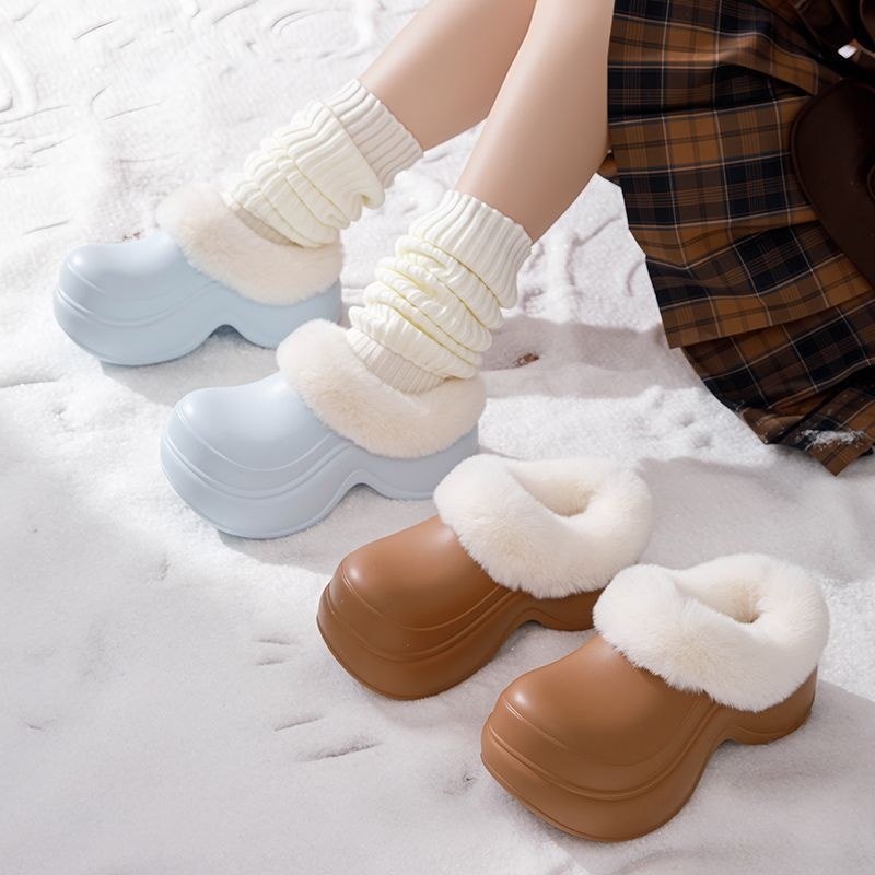 Women's Covered Heel Cotton Slippers For Outer Wear EVA Non-slip Thick Sole With Poop-like Feel And Plush Cotton Shoes