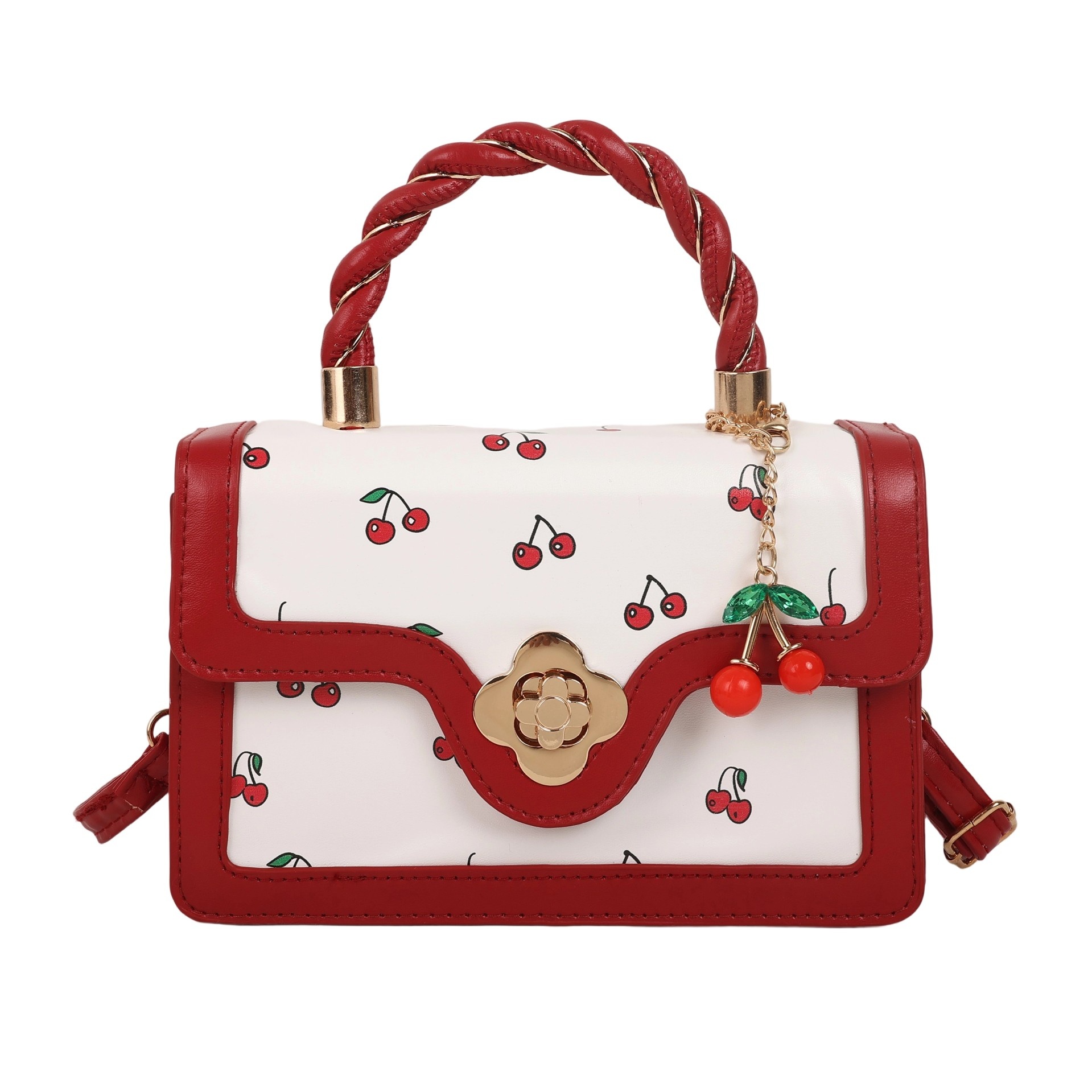 Cute Cherry Print Crossbody Bag Twist Handheld Small Square Bag With Contrasting Color Design Shoulder Bag Y