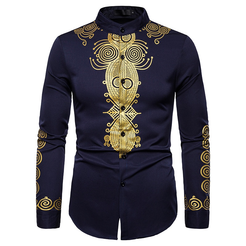 Foreign Trade Casual Straight Men's Fashion Ethnic Style Hot Stamping Totem Slim Shirt African Style Pullover Shirt