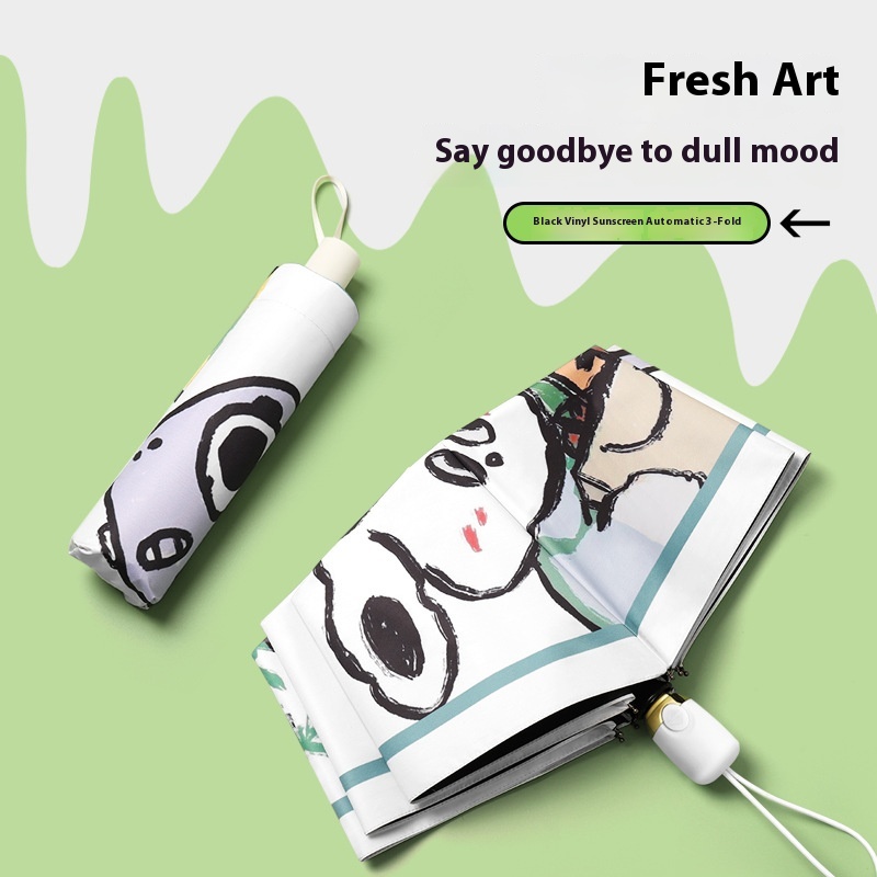 Japanese Cute Cartoon Sun Umbrella Unisex Black Plastic Sunny And Rainy Dual-use Sunscreen Automatic Folding Parasol