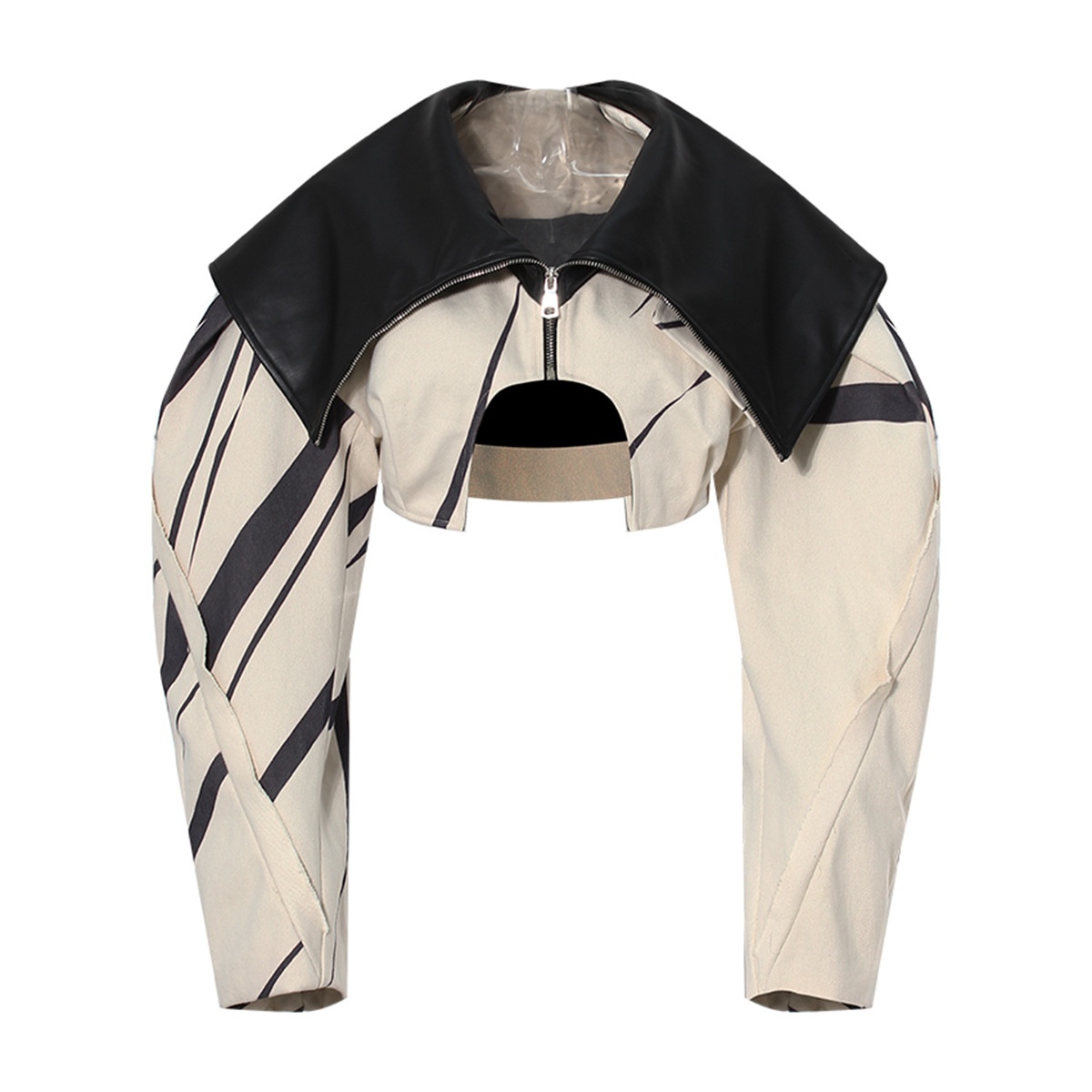 Slimming, Irregular, Cool, Avant-garde Patchwork Leather Color-blocked Lapel Short Jacket