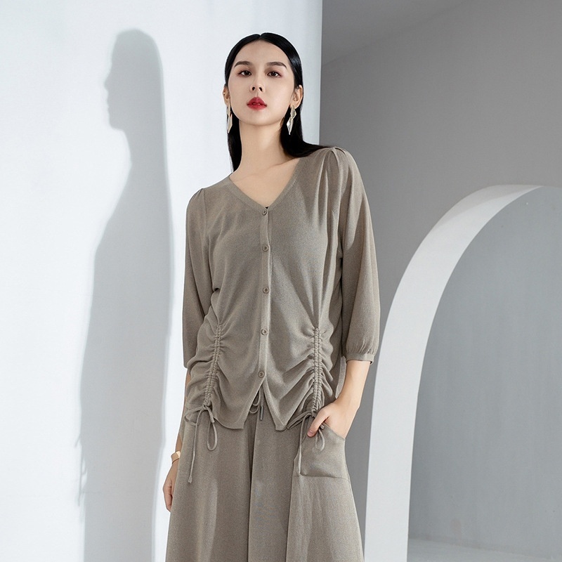 Summer Style Silk Thin Outerwear Blouse Three-quarter Sleeves Slightly Fat Women's Clothing Slim Pleated Knitted Top
