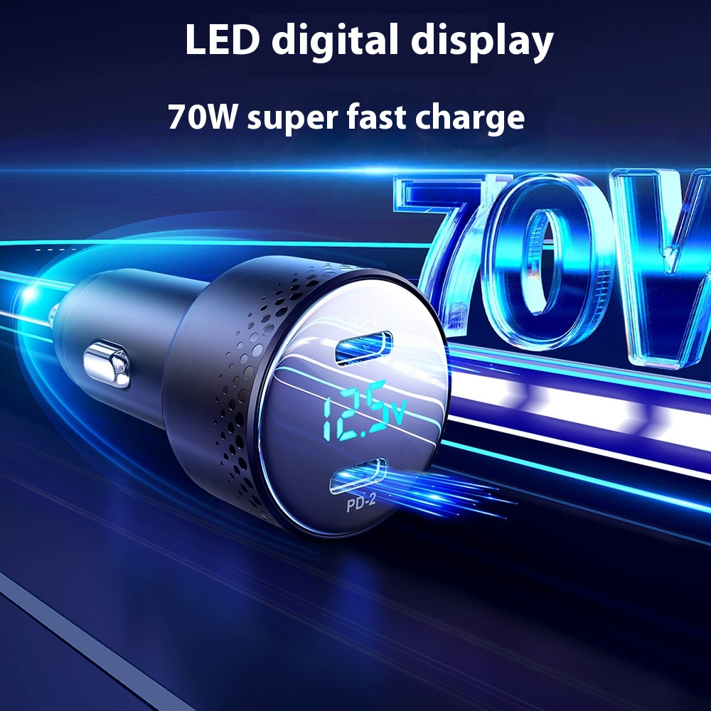 70 WFast Charging Mini Car Mobile Phone Charger Digital Display Car Charger PDDual Port Charging Rugged And Durable High Power