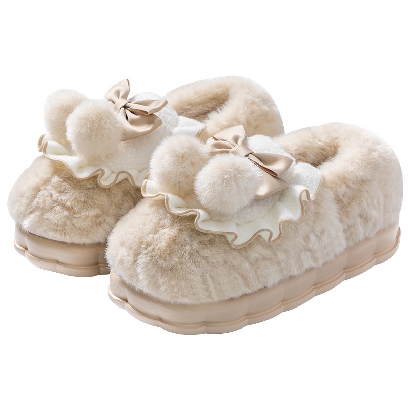 Bowknot Cotton Slippers For Women Indoor Home Thick-soled Non-slip Warm Plush Heel Cotton Shoes
