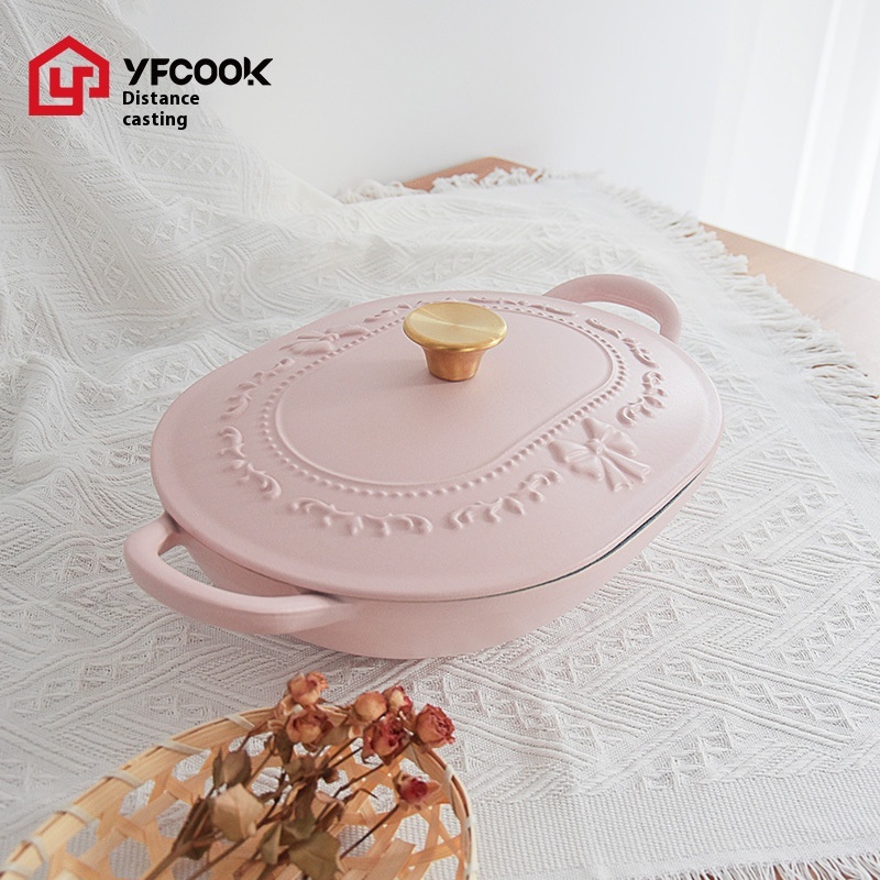 Y Fcook Cast Iron Enamel Pot Embossed Oval Pot Household Stew Pot Pan Roasted Stew Fish Induction Cooker Soup Pot