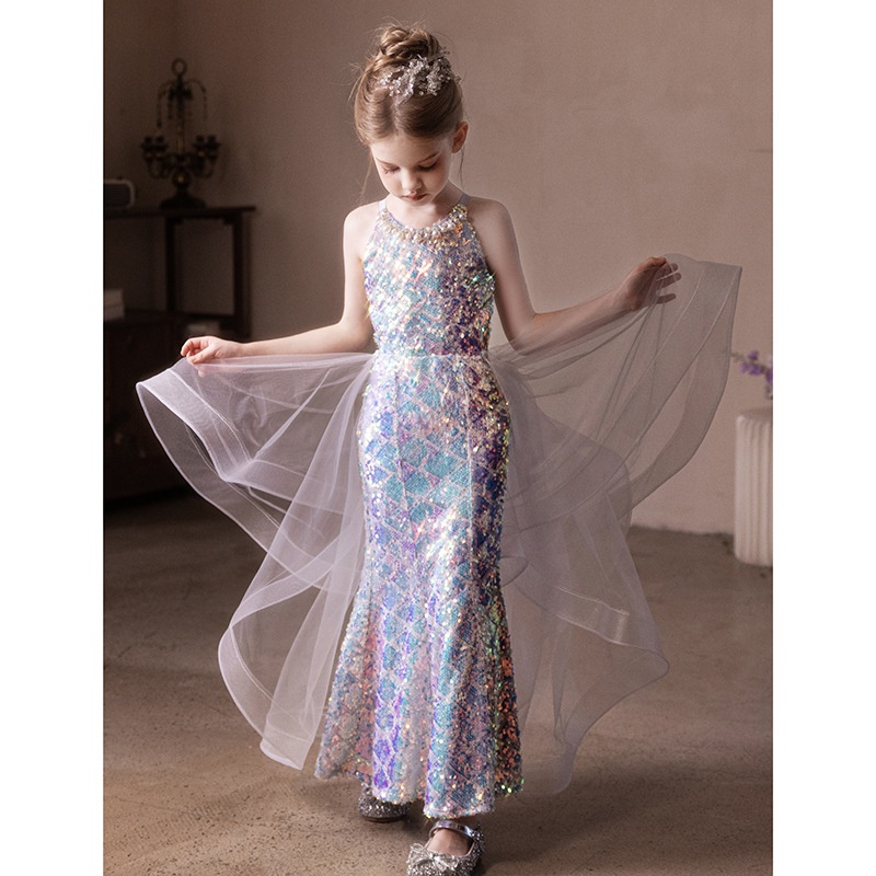 Children's Dress Host Sequ Birthday Girl's Fishtail Princess Dress Model Show Piano Performance Dress High Sense