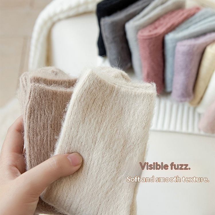 Yuanrunjia Cashmere Stockings Women's Mid-calf Length Socks Autumn And Winter Thickened Fleece-lined Warm Y Plush Solid Color Winter