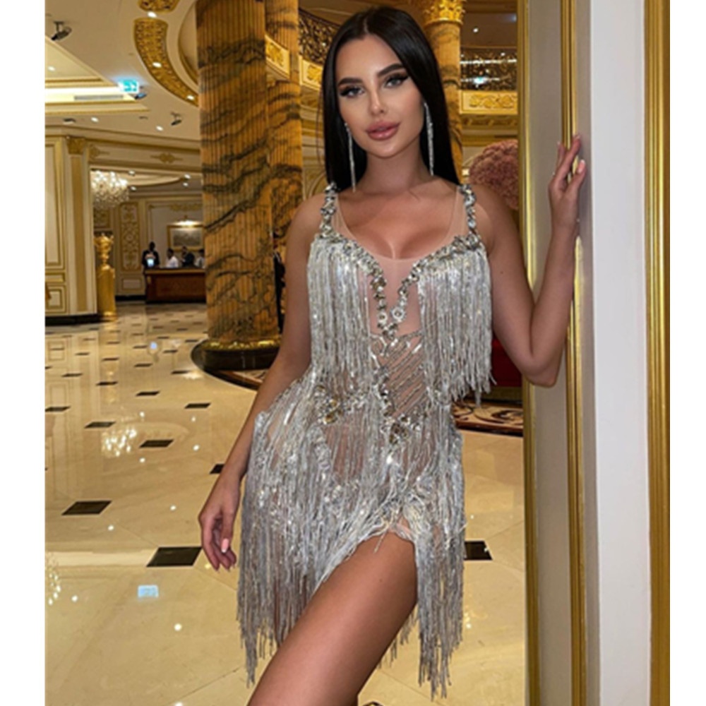 Hot-selling Women's Clothing European And American Hot Girl Evening Dress Rhinestone Tassel Shiny Nightclub Party Skirt