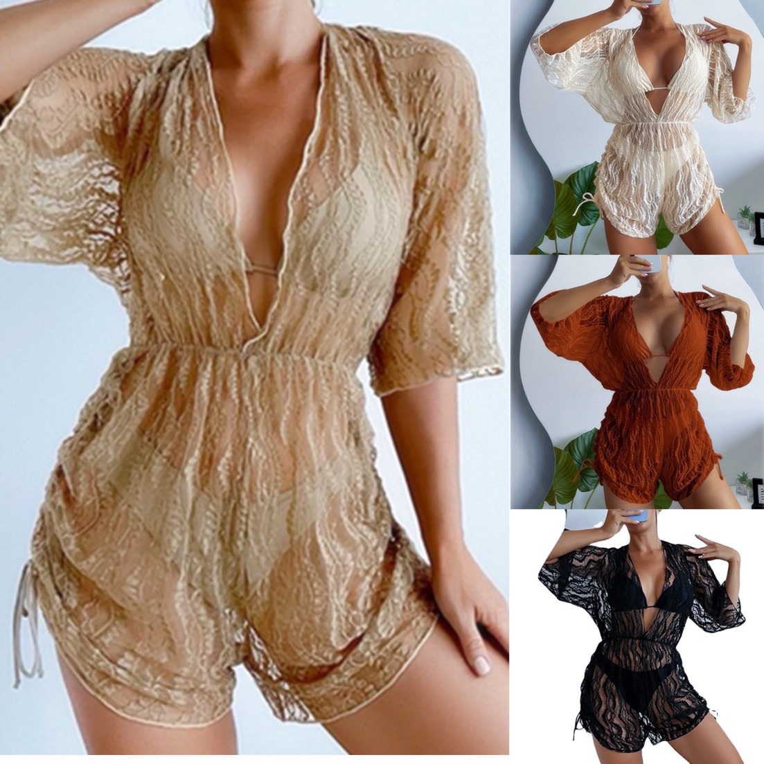 European And American Mesh Three-piece Swimsuit Solid Color Drawstring Sunscreen Beach Vacation Swimsuit Female