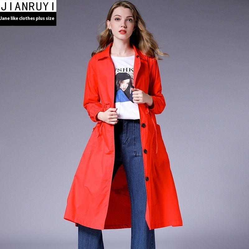 European And American Plus Size Women's Windbreaker Women's Mid-length Autumn Style Printed Waist Slimming Casual Temperament Jacket