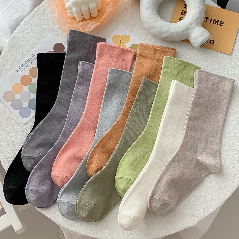 Combed Cotton Mid-Calf Confinement Socks For Women, Candy-Colored Pure Color Korean Style Pile Socks, Cotton Socks, Stockings, Zhuji Socks