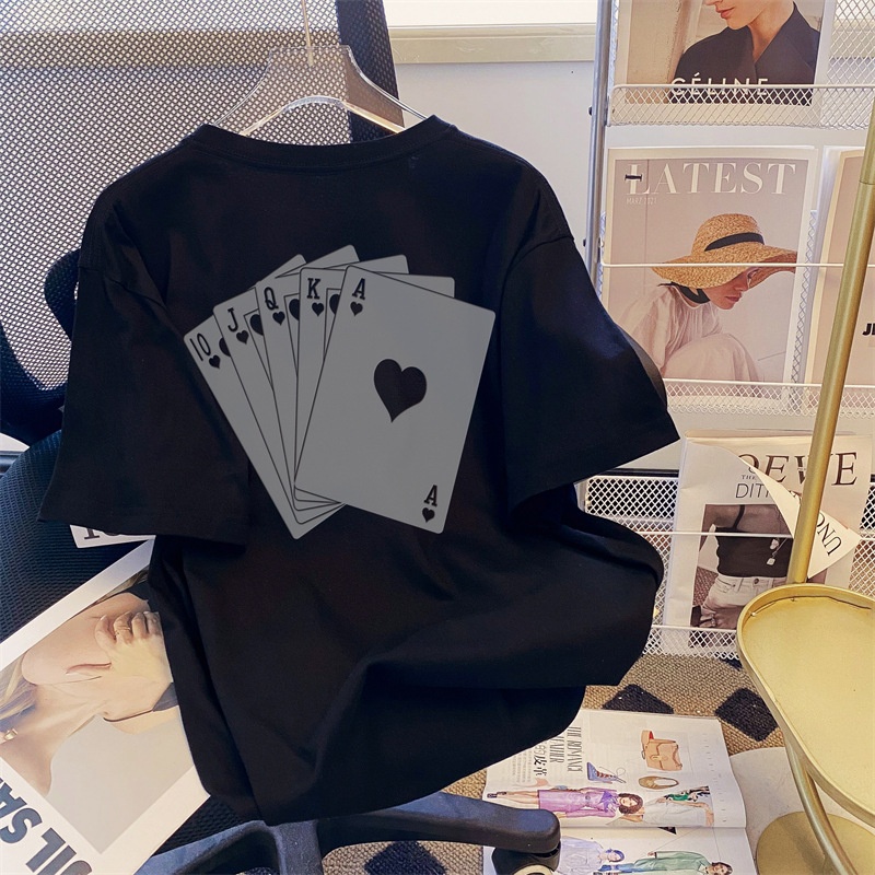 Summer Korean Style Short-sleeved T-shirt Women's Pure Cotton Poker Printed Loose All-match Plus Size T-shirt Round Neck Top