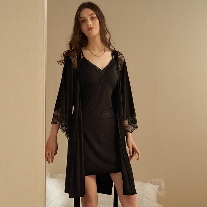 Spring And Summer Solid Color Modal Lace Two-piece Suit Small Sling Long Nightgown Soft Home Clothes With Chest Pad
