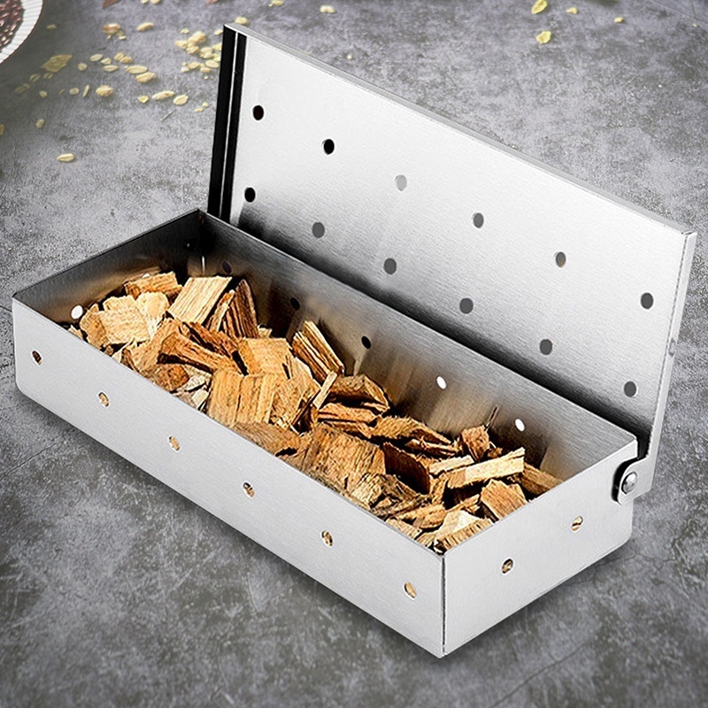 Outdoor Barbecue Smoker Box Litchi Wood Smoker Box Thick Stainless Steel Barbecue Tool Smoked Meat Box Carbon Box