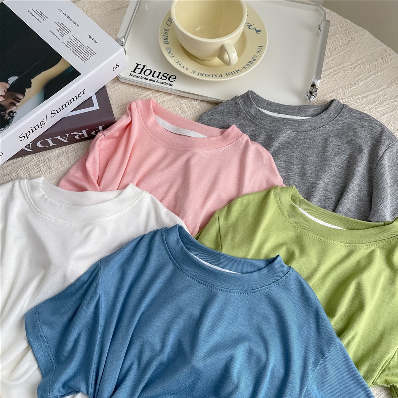 Korean Children's Summer Solid Color Short-sleeved T-shirt Boys Modal Children's Clothing Girls Round Neck Thin Mask Top