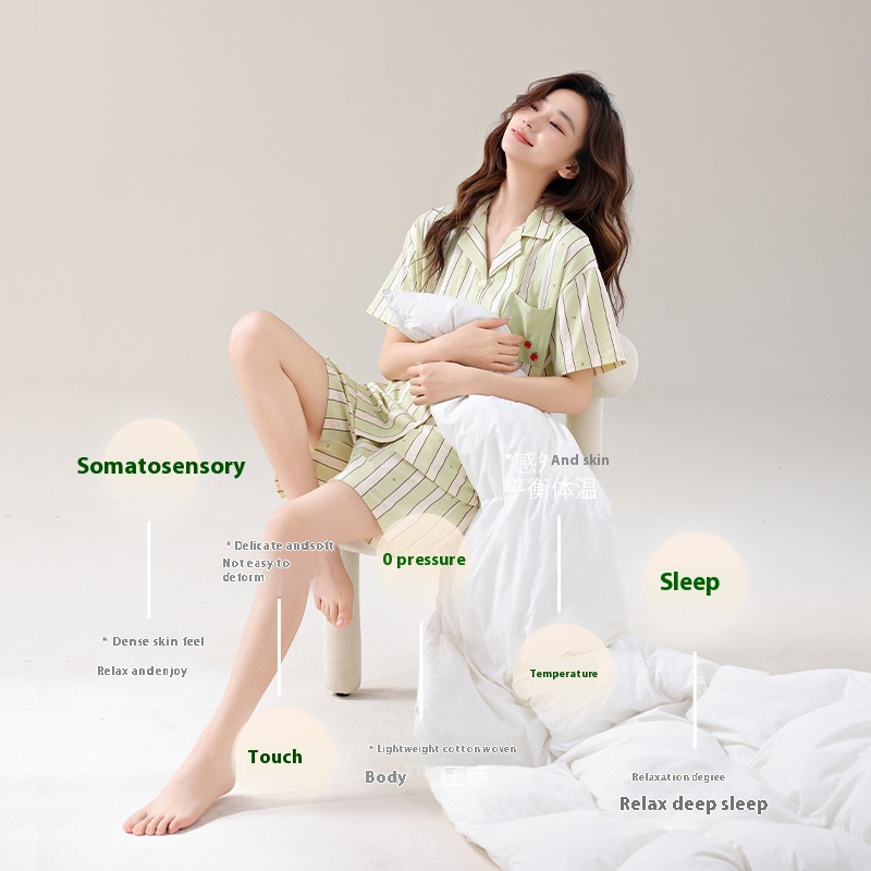 [With Chest Pad]Women's Pajamas Pure Cotton Summer Summer Simple Thin Short-sleeved Shorts Suit