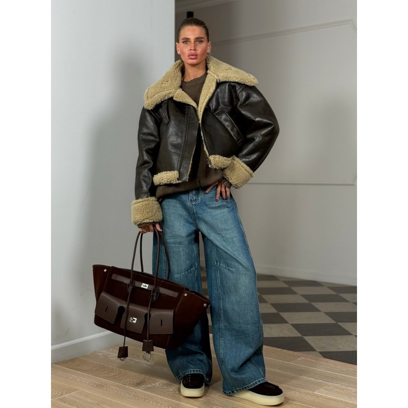 Autumn And Winter Stitching Fluffy Jacket Street-style Lapel Loose Short Fashionable All-match Women's Jacket