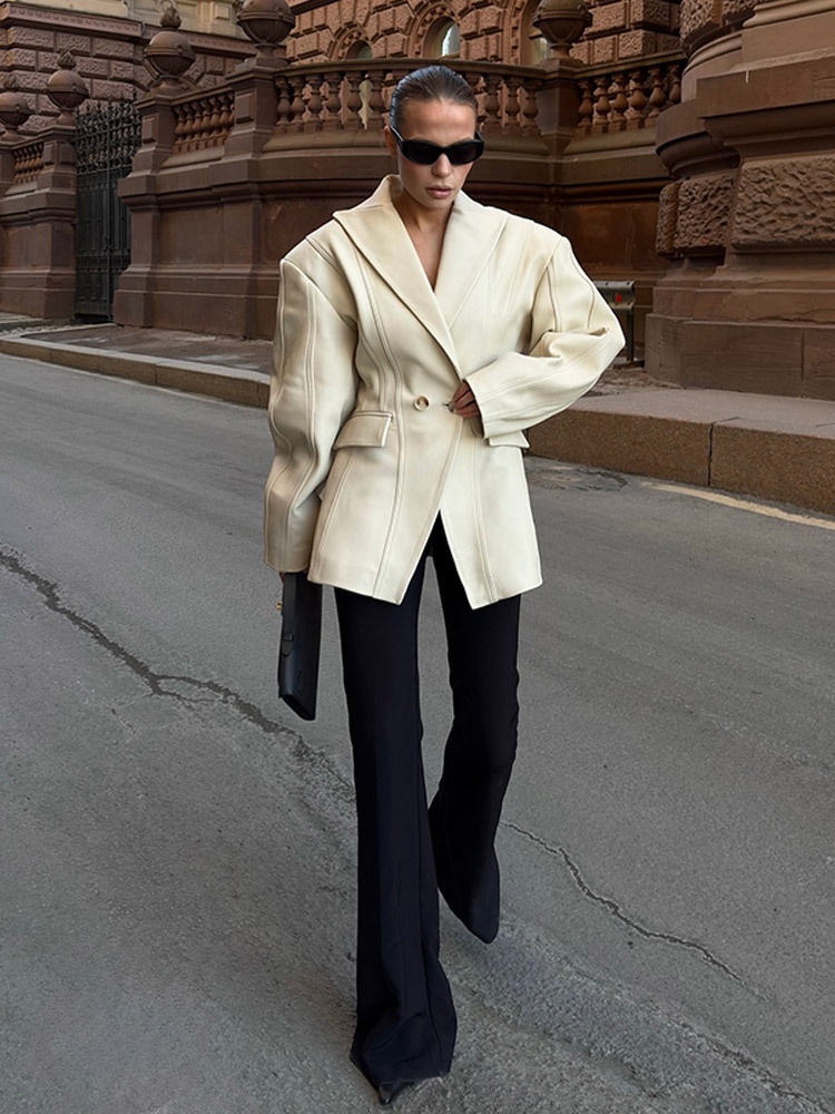 Korean Style Light Luxury Loose Solid Color Waist-Cinching Button Leather Jacket European And American Foreign Trade Model