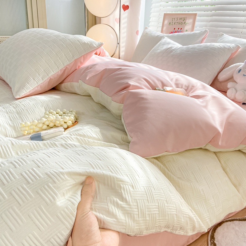 Cream Seersucker Bed Four-piece Washed Cotton Quilt Cover Bedding Set