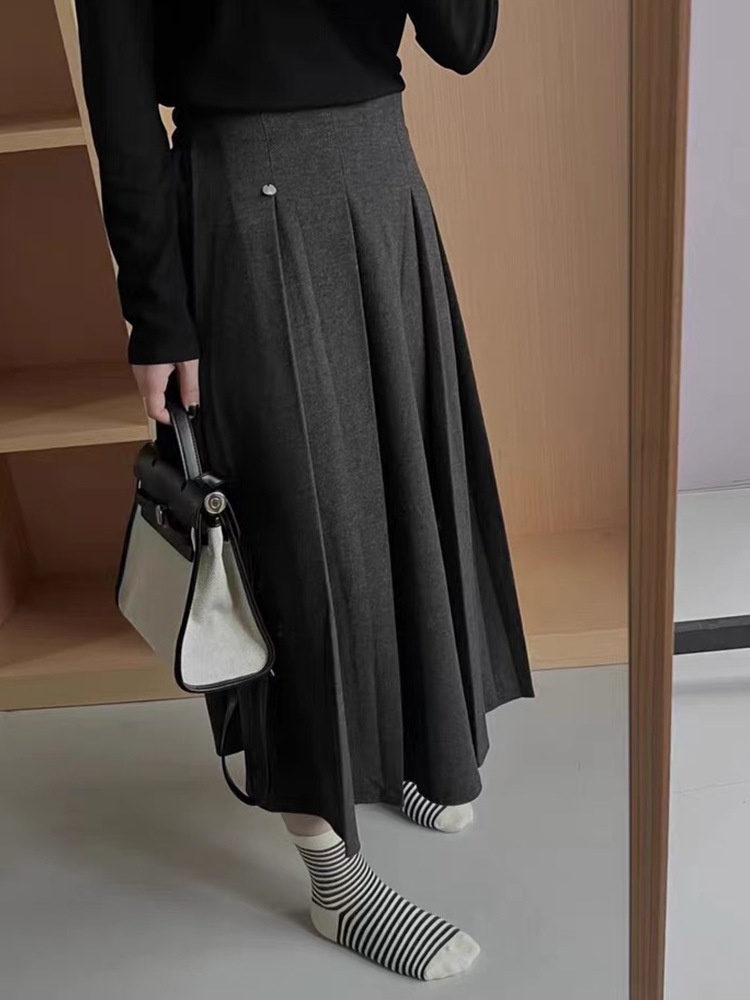 Semi-elastic Woolen Fabric High Waist Pleated Midi Skirt