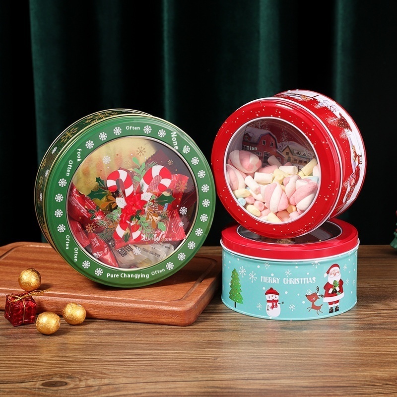 Christmas Round Transparent Cartoon Tin Box Baked Biscuit Cookies Tinplate Packaging Box Christmas Children's Candy Jar