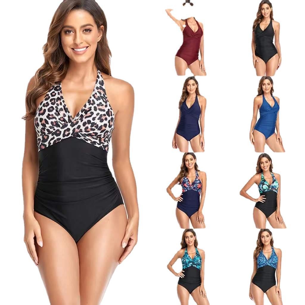 European And American One-piece Triangle Lace Stitching Print Foreign Trade Swimsuit