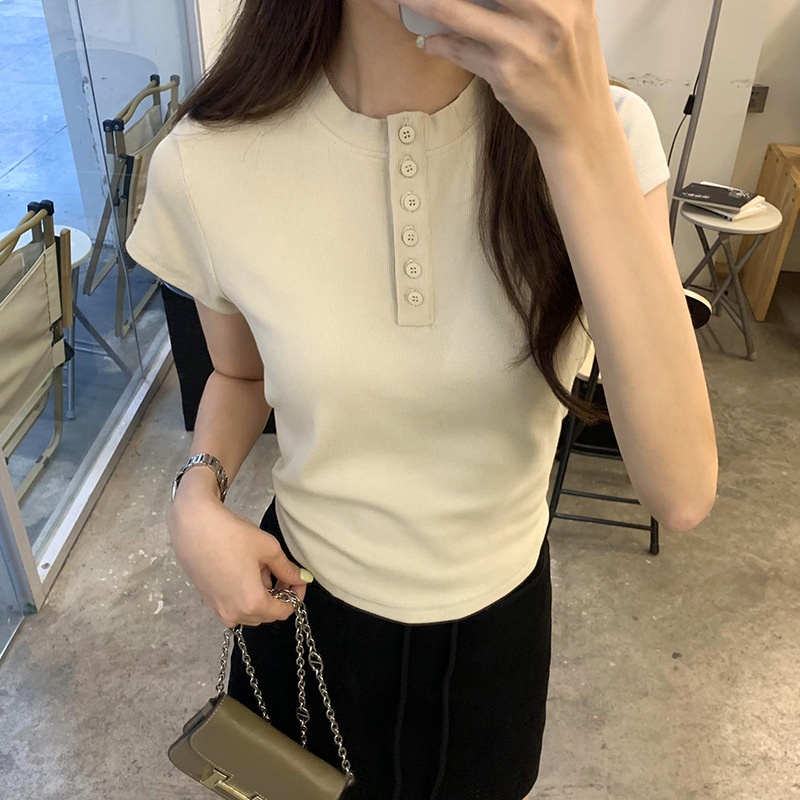 Half-breasted Round Neck Ribbed T-shirt With Straight Shoulders And Short Sleeves