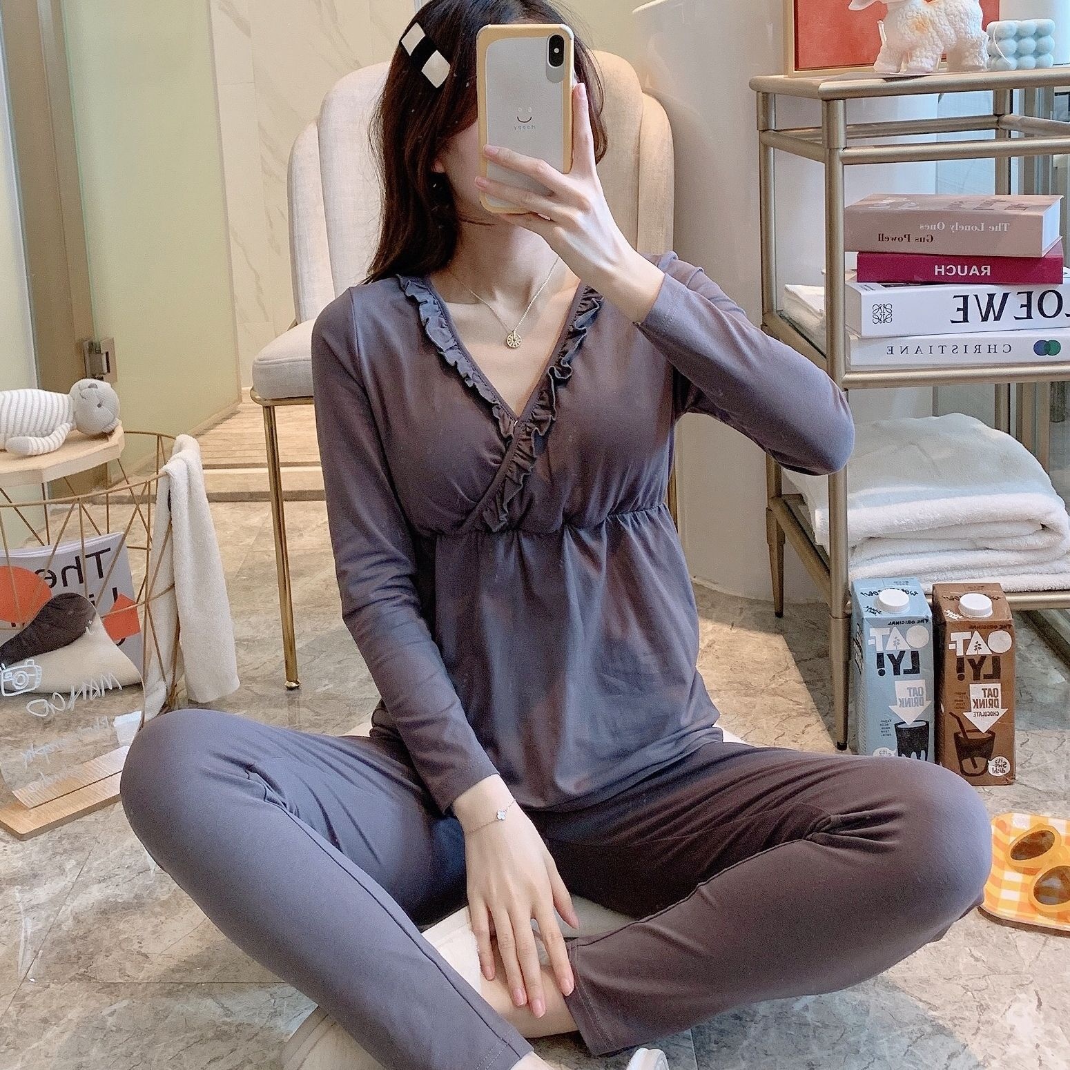 [ Ready Stock8611] Pregnant Women's Autumn Clothes And Autumn Pants, Nursing Pajamas, Feeding Set, Pure Cotton Confinement Clothes, Spring, Summer, Autumn And Winter Styles