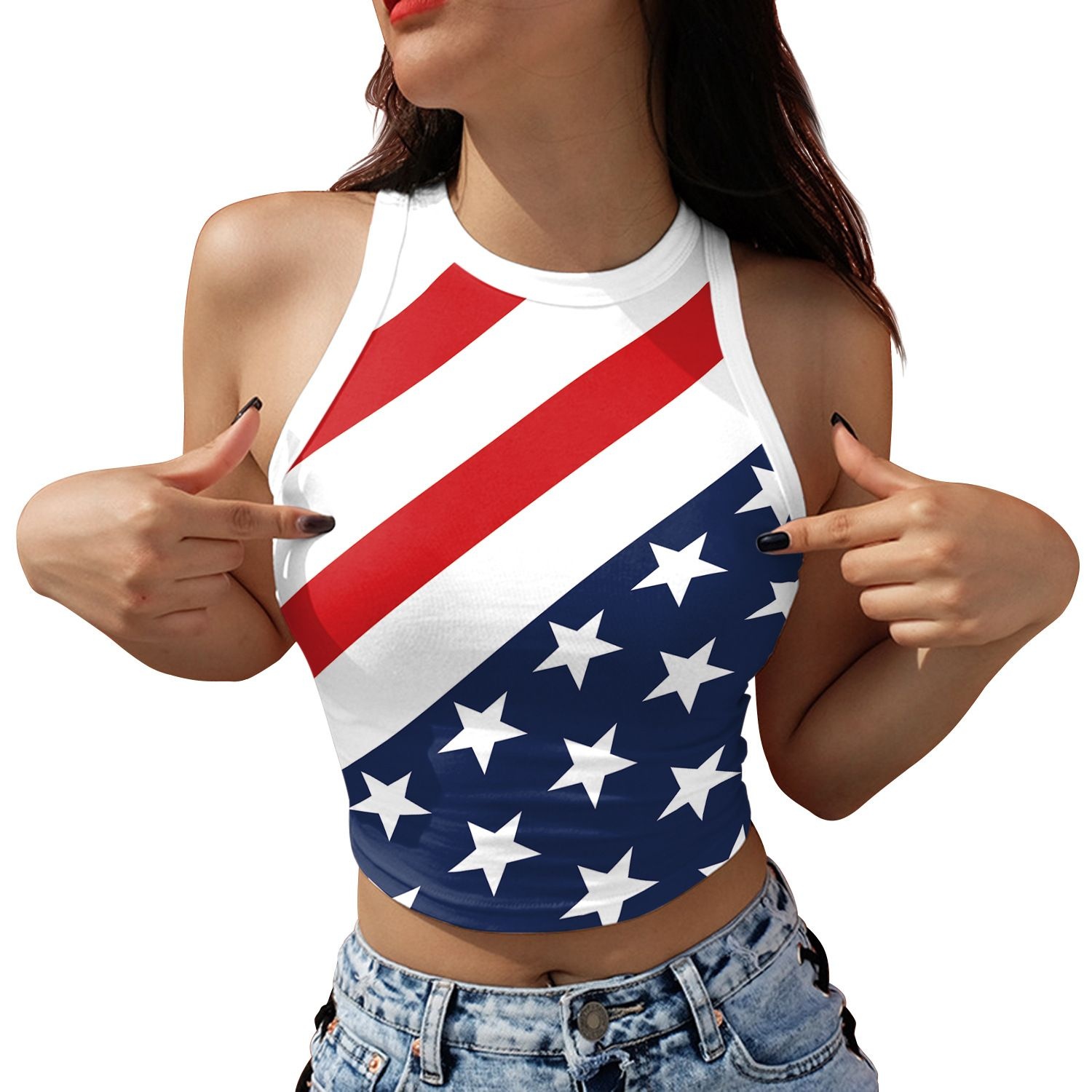 American Independence Day Flag Digital Print Sleeveless Off-shoulder Vest Short Bottom Tank Top