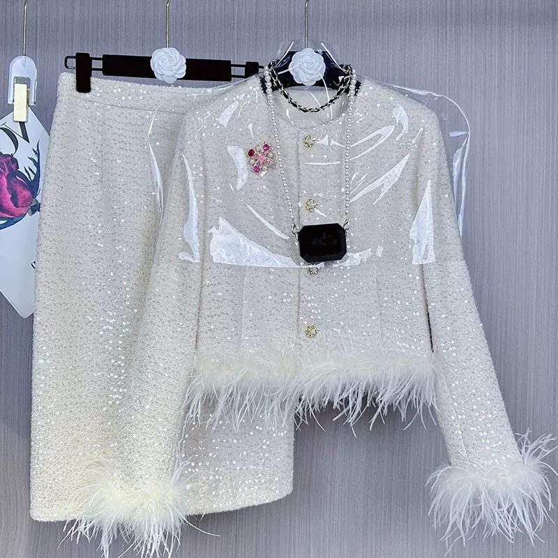 Celebrity Elegant French Style Suit For Women Furry Short Outwear + Skirt Two-Piece Set