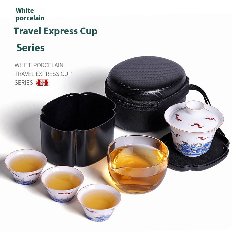Car Chinese Ceramic Travel Tea Set White Porcelain One Pot Three Cups Portable Bag Quick Cup Creative Gift