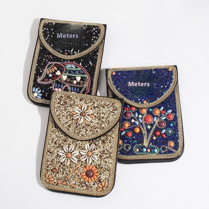 Heavy-duty Bohemian Style Rice Beads,Shells,Flowers,Exquisite PUTravel Photography,One-shoulder Crossbody Magnetic Buckle Women's Bag