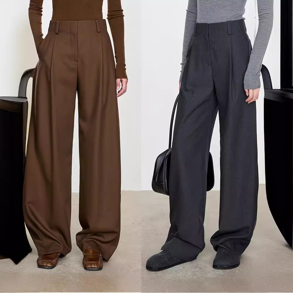 Niche Minimalist Italian Imported Class Knocked Fine Worsted Wool Slim Look High Even Waist Micro Arc Wide Leg Pants