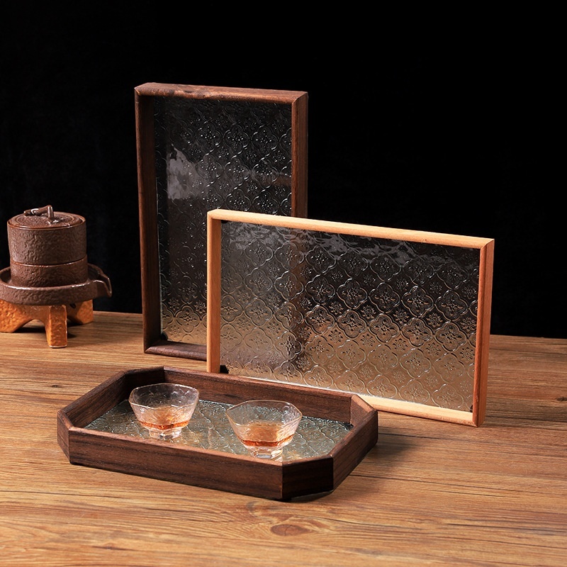 Retro Chinese Begonia Flower Glass Wooden Tray Storage Tea Set Storage Tray Home Desktop Decoration Restaurant B&B
