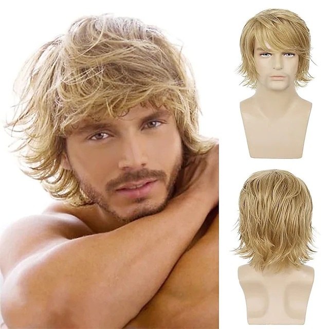 Wig Men's Headpiece Style Blonde Flip Short Curly Hair Diagonal Bangs12 Inches