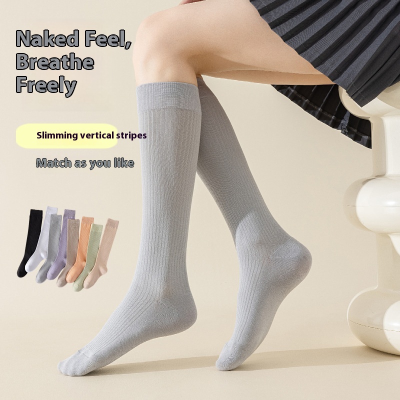 Qian Qian Dream Autumn Vertical Breathable Jk Boneless Socks Black And White Stockings Thin Leg Pressure Calf Socks