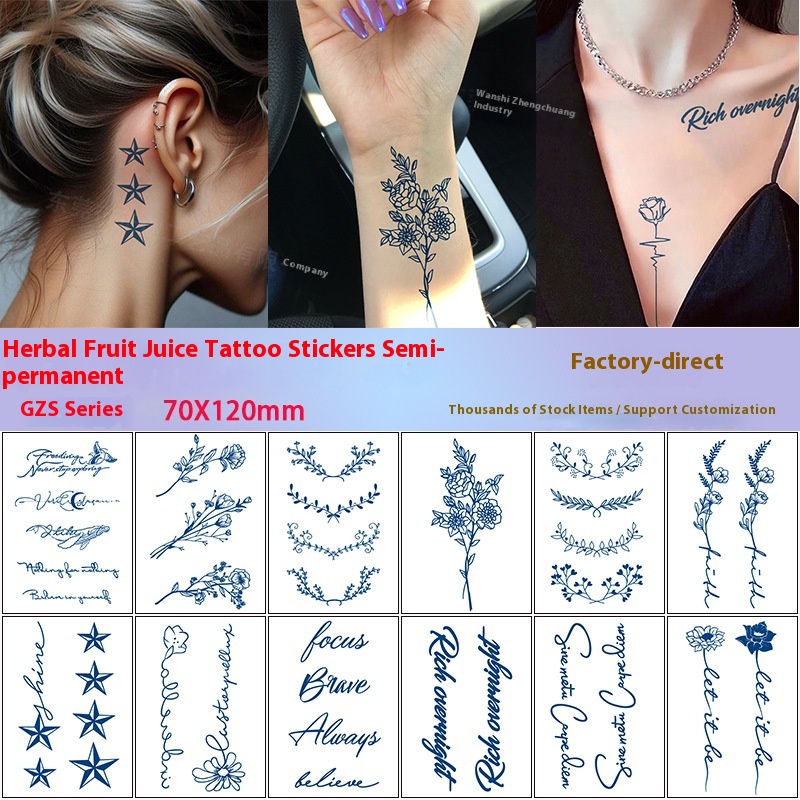In Stock Juice Herbal Tattoo Stickers Small Fresh Letters Half Temporary Tattoo Stickers For Men And Women