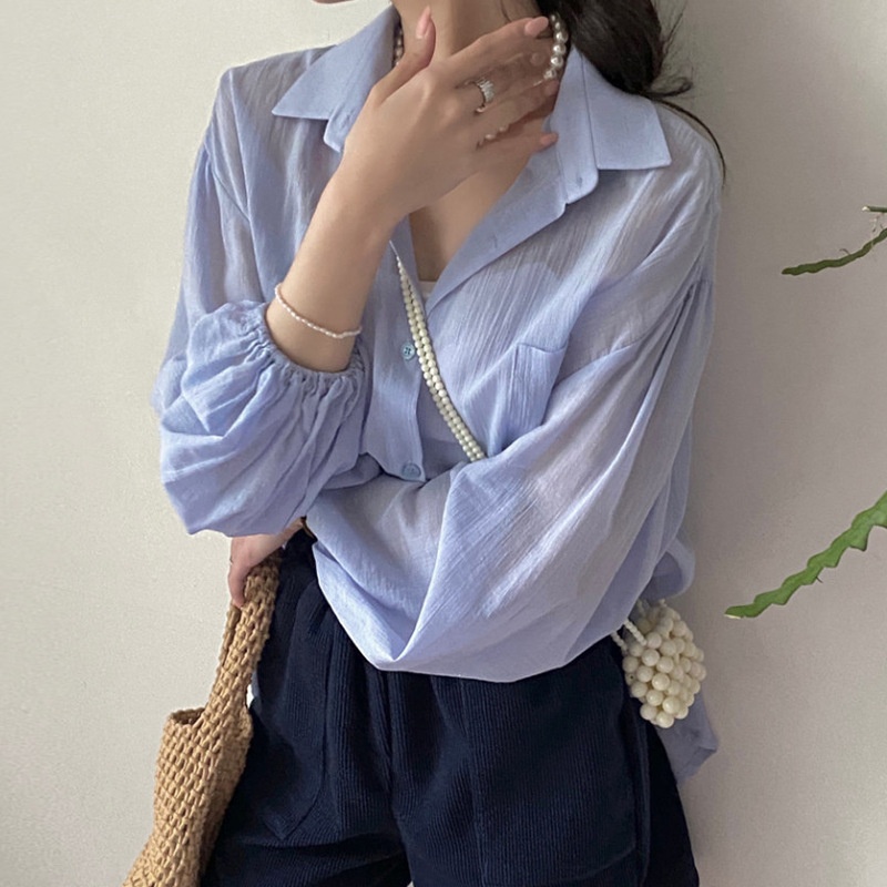 Spring And Summer French Temperament Lapel Careful Back Split Design Slightly Transparent Thin Sun Protection Shirt Top
