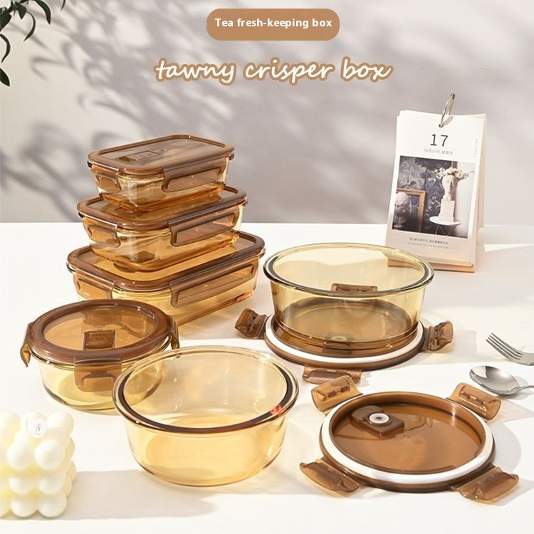 Brown Fresh-keeping Box Refrigerator Storage Box Sealed Box Camping Lunch Box Lunch Box High Borosilicate Glass