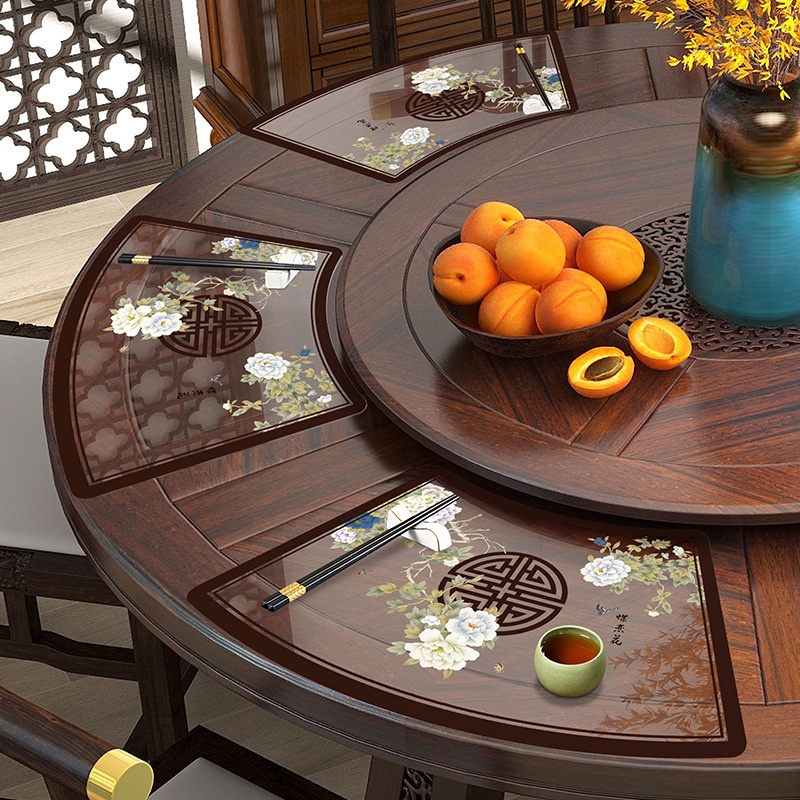 Chinese Retro Transparent Fan-shaped Placemat Hotel Placemat Round Table Mat Table Mat Waterproof Oil-proofulation Mat Soft Glass