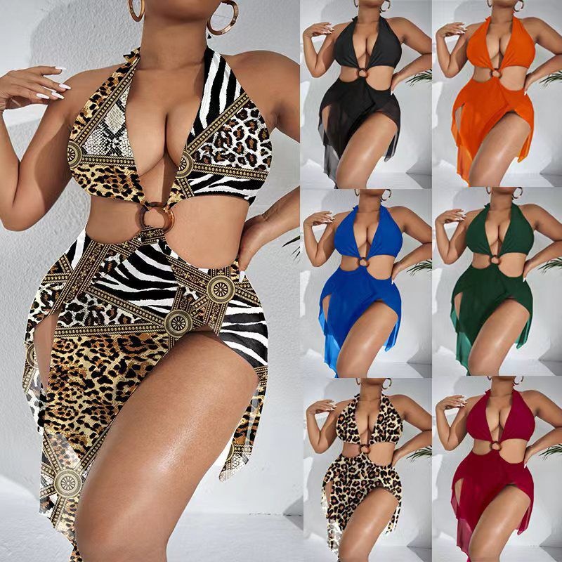 European And American Large Size Split Three-piece Swimsuit Multi-color Gathered Halter Neck Sexy Fashion Swimsuit