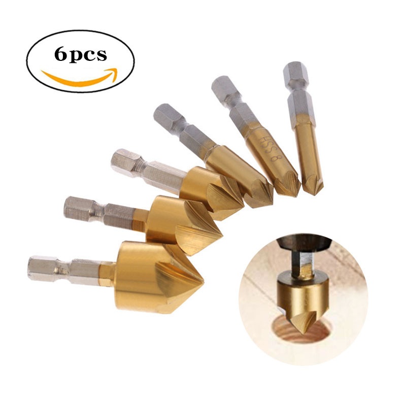 Woodworking Five-blade Chamferer Hexagonal Handle Titanium-plated6-19 Set90-degree Chamfering Knife Drill Bit Deburring Tool