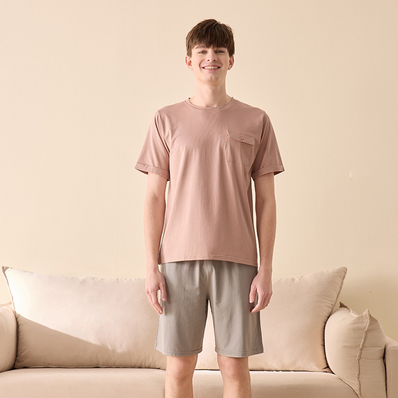 Spring And Summer Short-sleeved Men's Home Clothes Suit Solid Color Simple Round Neck Modal T-shirt Pajamas Men