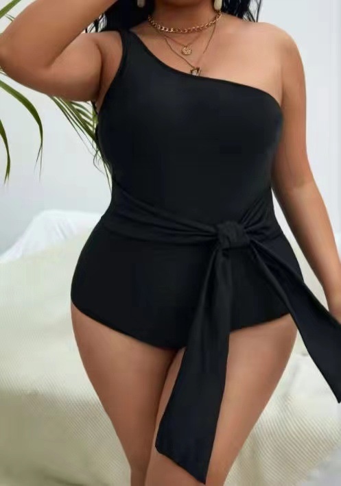 E-commerce Big Size Fat Woman One-piece Swimsuit Solid Color One-shoulder Fashion Lace-up Swimsuit