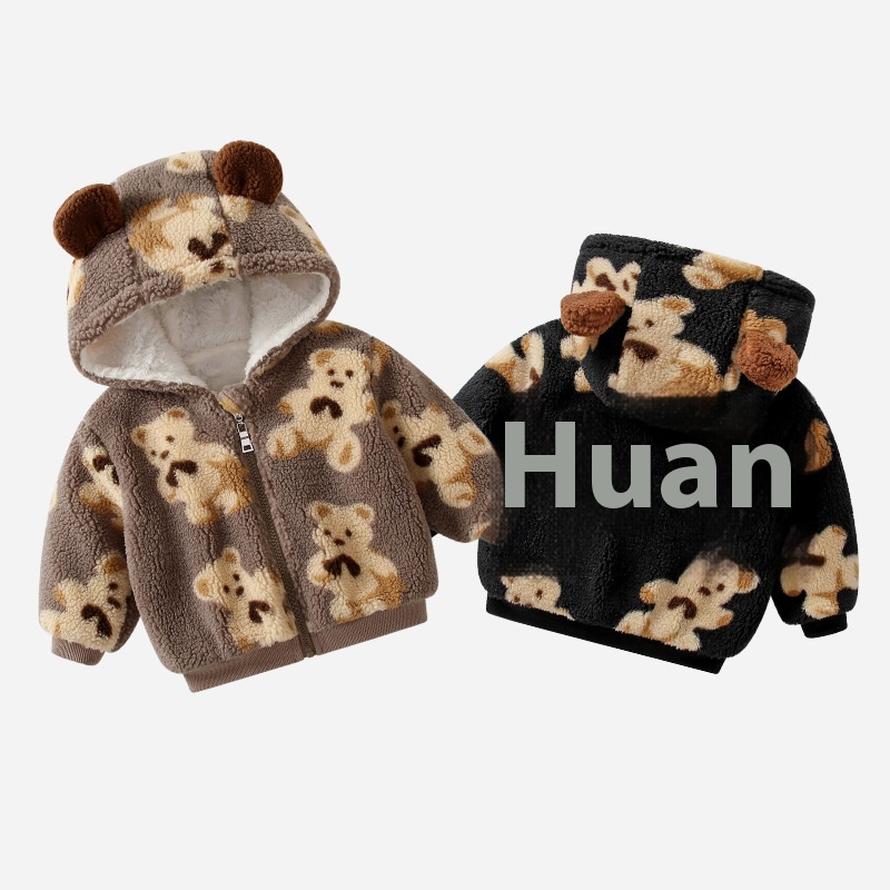Children's Coat Plus Velvet Thickened Baby Warm Outdoor Clothes Autumn And Winter Cartoon Bear Hooded Baby Clothes