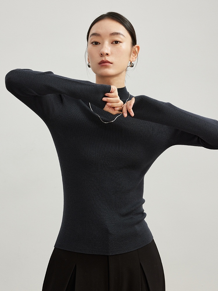 Worsted Wool Seamless Sweater For Women, Half Turtleneck Bottoming Shirt