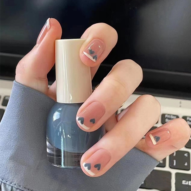 Sweet And Cool Hot Girl Wears Blue Heart French Short False Nails Girl Versatile Nail Art Finished Patch