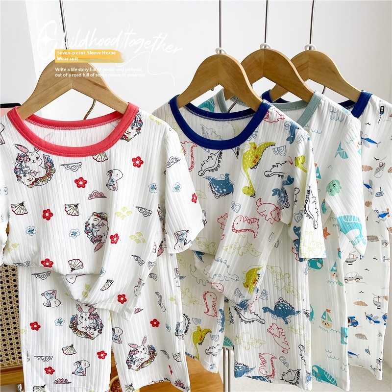 Children's Home Clothes Suit Summer Boys Three-quarter Sleeve Air-conditioning Clothes Girls Baby Casual Ice-feeling Trousers Pajamas Suit