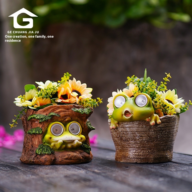 Creative Fleshy Flower Pot Solar Light Luminous Frog Ornaments Garden Courtyard Decoration Potted Micro Landscape Crafts