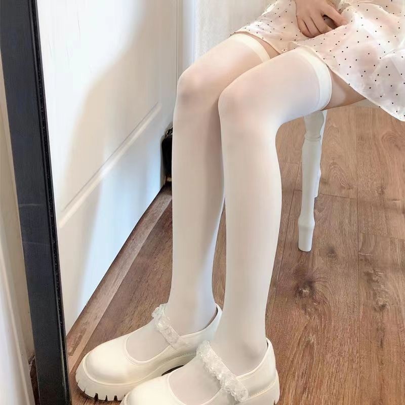 White Silk Pressure Over-the-Knee Socks Summer Thin Slim Ice Silk High-rise Thigh Black Silk Stockings Women's Velvet Japanese JK Stockings